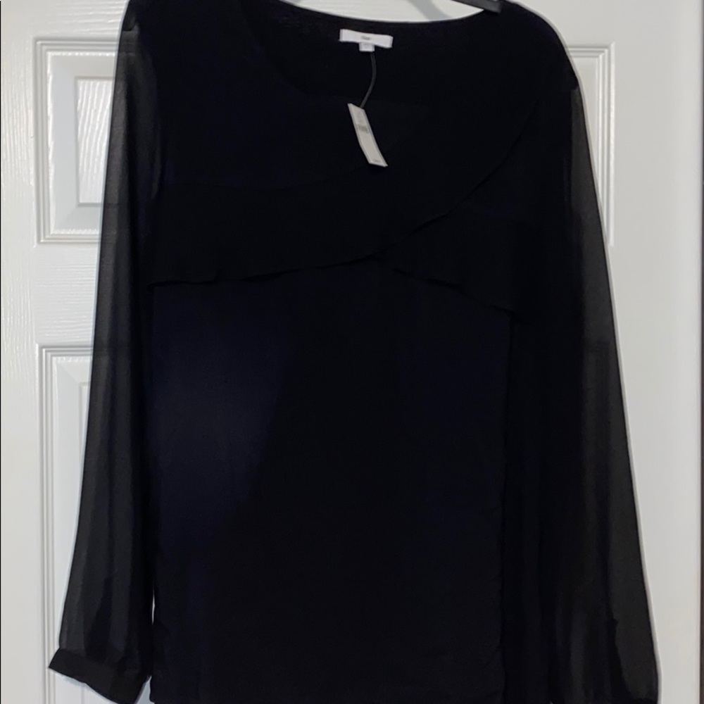 New Gap Black sheer sL Ruffle scoop Neck Top L
